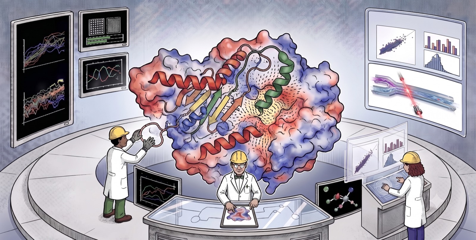 Illustration of the Zheng Lab at work: researchers studying proteins alongside physical models, data, and computation to design new protein functions.